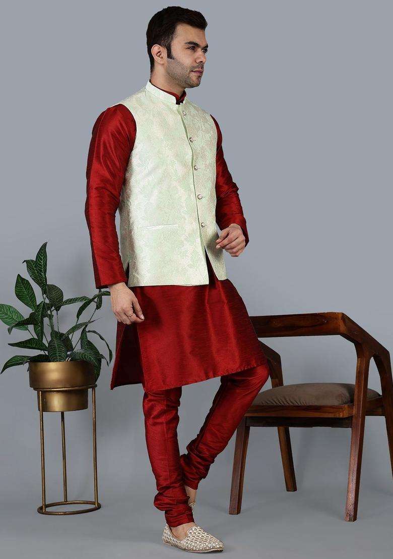 Maroon Solid Silk Blend Kurta Set For Men - Indya