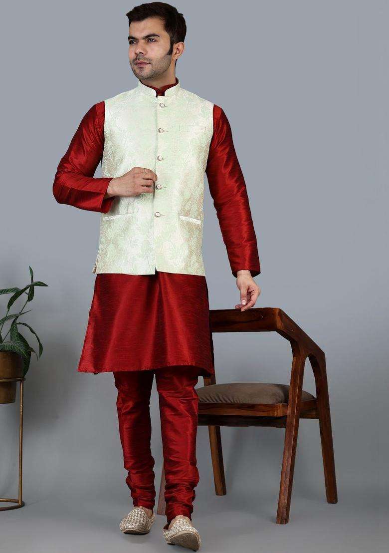 Maroon Solid Silk Blend Kurta Set For Men - Indya