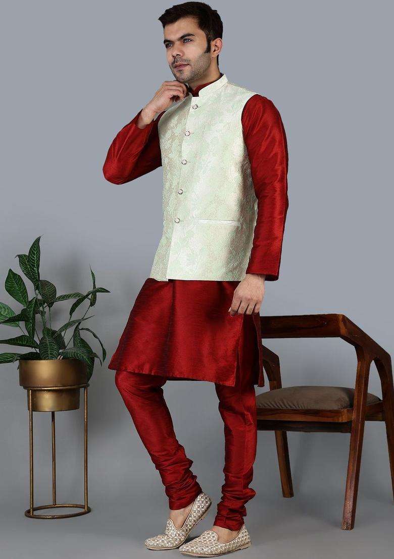 Maroon Solid Silk Blend Kurta Set For Men - Indya