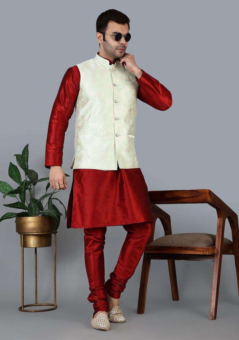 Maroon Solid Silk Blend Kurta Set For Men - Indya