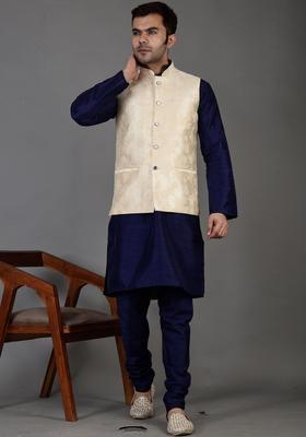 Navy Blue Solid Silk Kurta Set For Men
