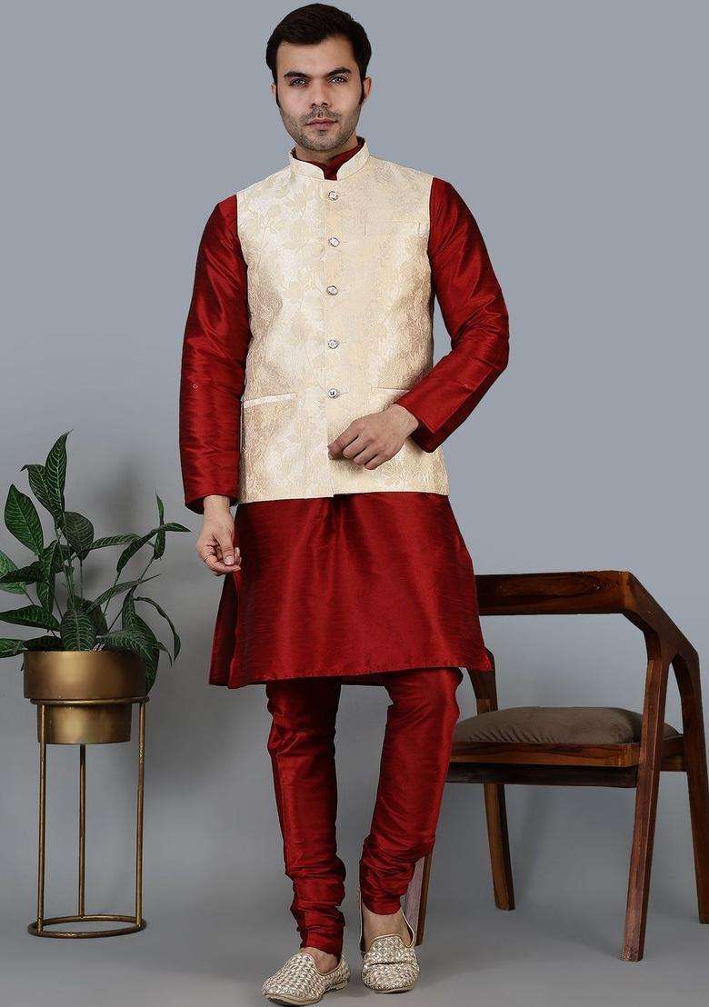 Maroon Solid Silk Blend Kurta Set For Men - Indya