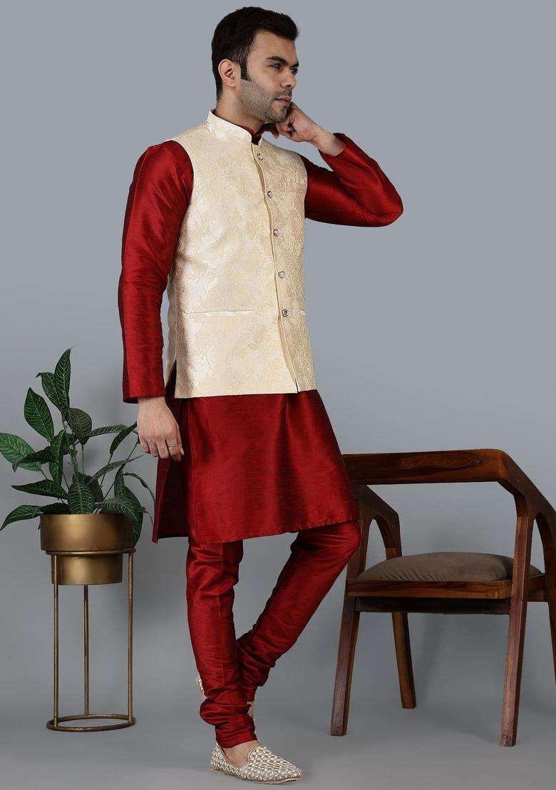 Maroon Solid Silk Blend Kurta Set For Men - Indya
