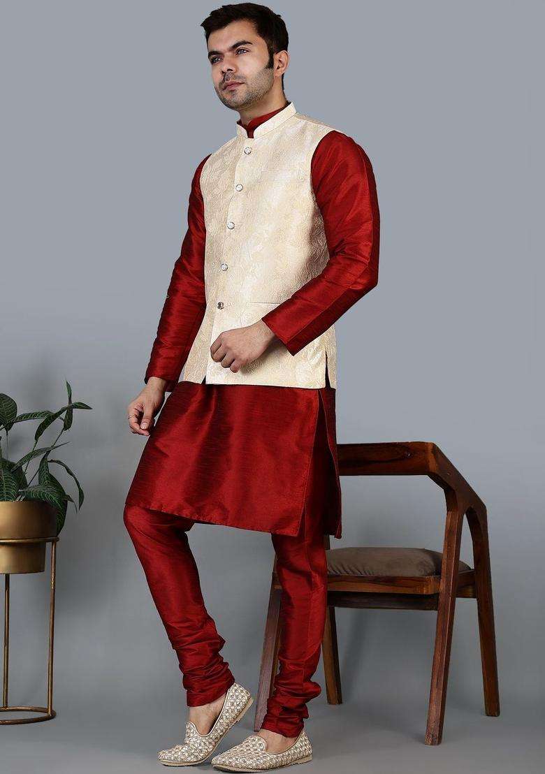 Maroon Solid Silk Blend Kurta Set For Men - Indya