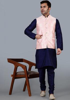 Navy Blue Solid Silk Kurta Set For Men