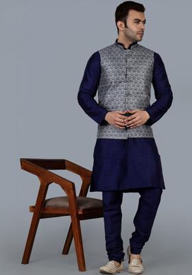 Navy Blue Solid Silk Kurta Set For Men