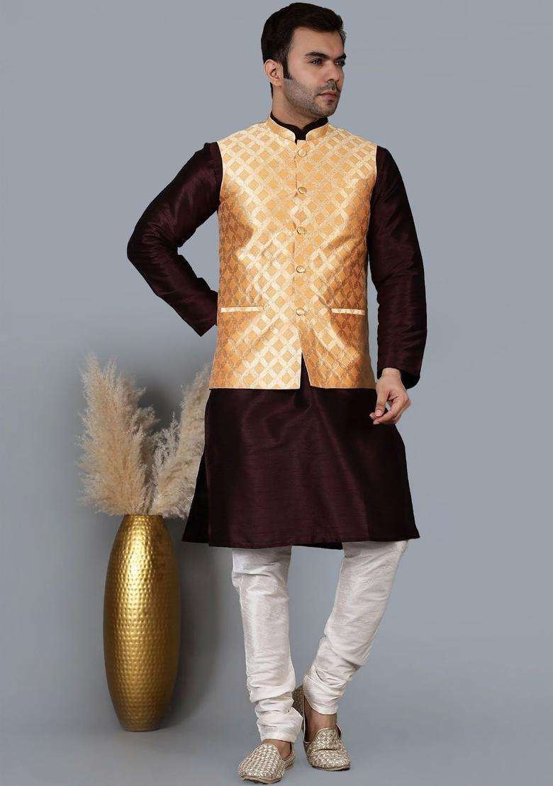 Maroon Solid Silk Blend Kurta Set For Men - Indya