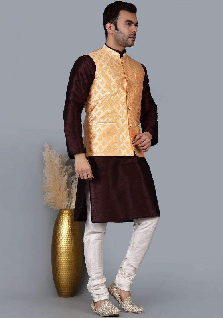 Maroon Solid Silk Blend Kurta Set For Men - Indya