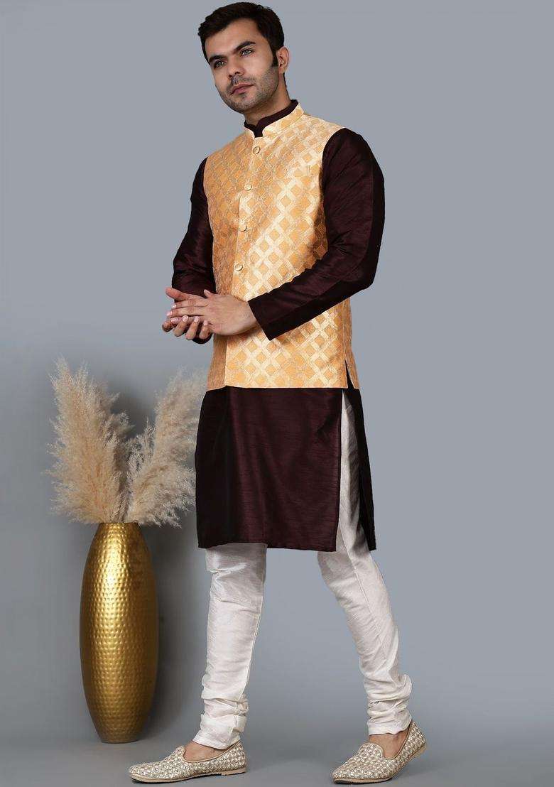 Maroon Solid Silk Blend Kurta Set For Men - Indya