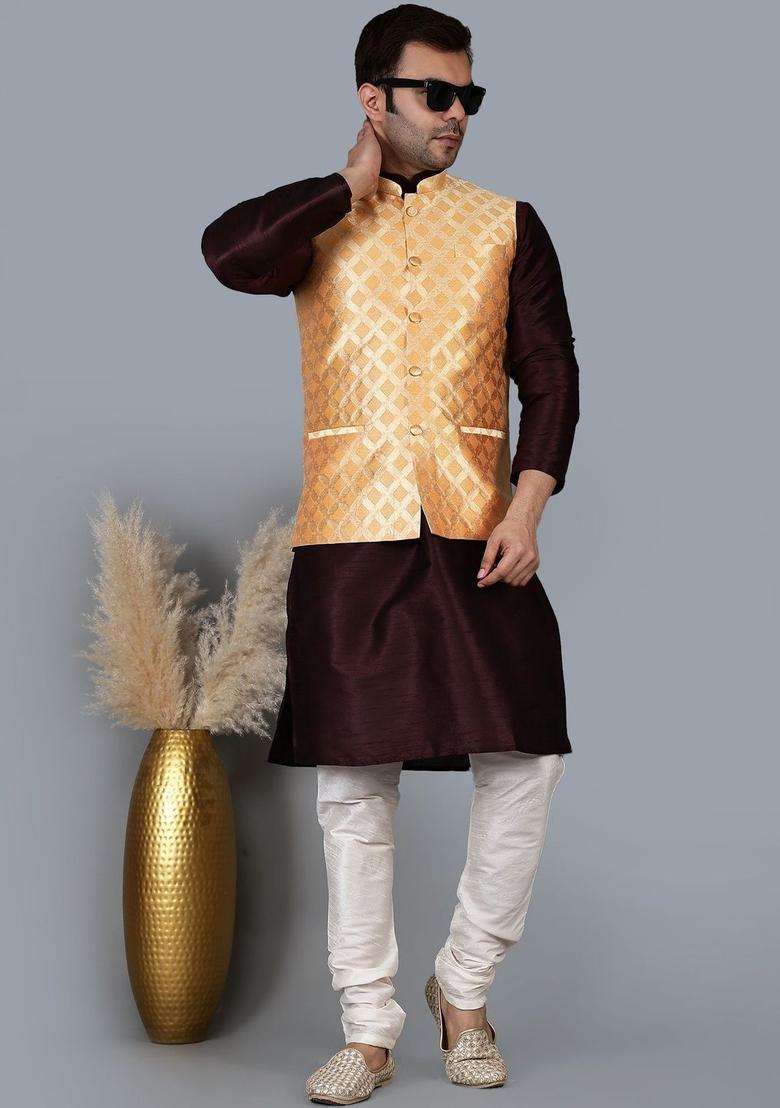Maroon Solid Silk Blend Kurta Set For Men - Indya