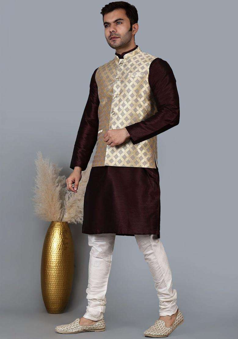 Maroon Solid Silk Blend Kurta Set For Men - Indya