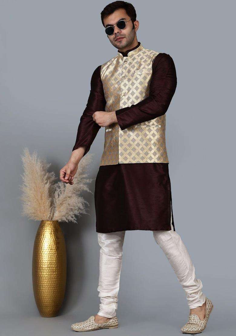 Maroon Solid Silk Blend Kurta Set For Men - Indya
