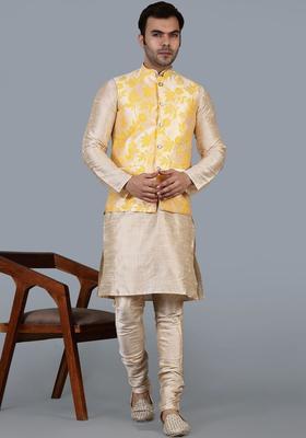 Beige Solid Silk Kurta Set For Men