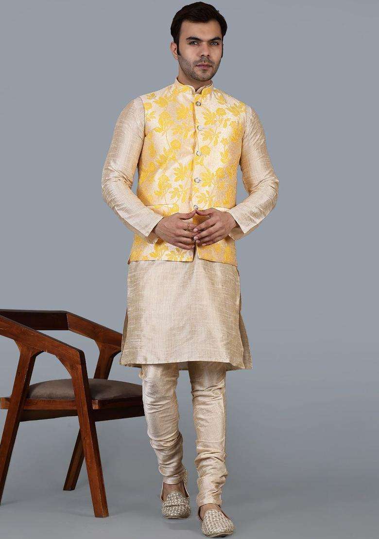 Beige Solid Silk Blend Kurta Set For Men - Indya