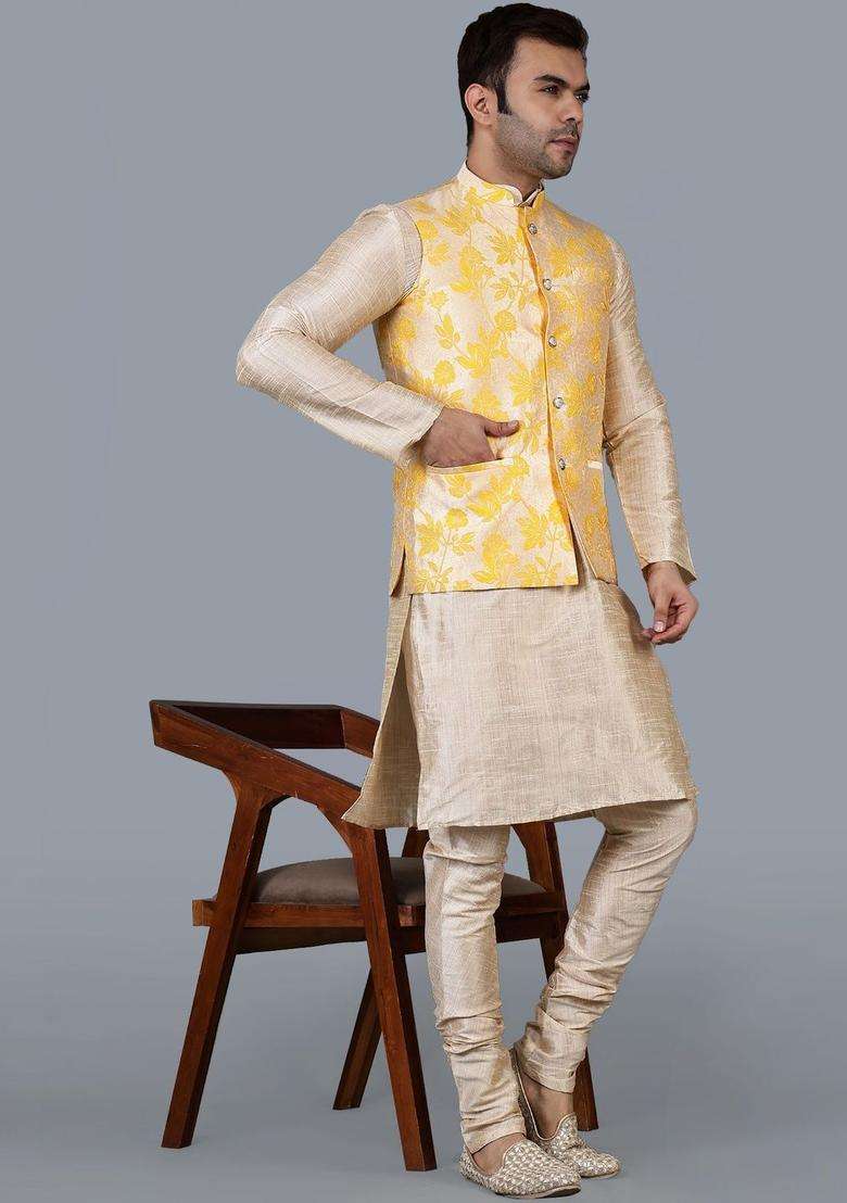 Beige Solid Silk Blend Kurta Set For Men - Indya