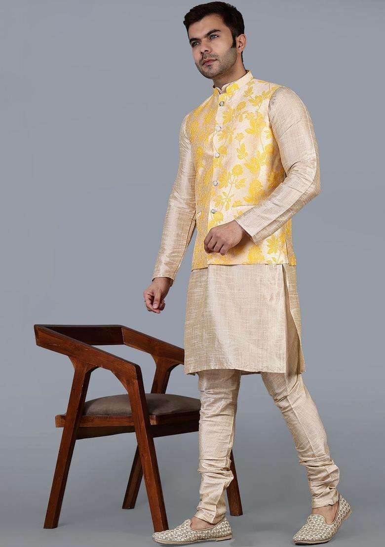Beige Solid Silk Blend Kurta Set For Men - Indya