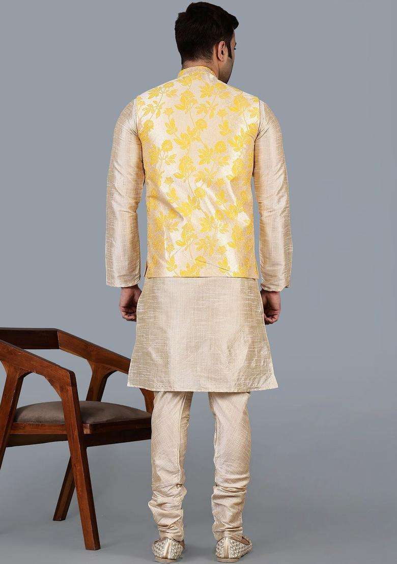 Beige Solid Silk Blend Kurta Set For Men - Indya