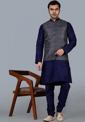 Navy Blue Solid Silk Kurta Set For Men