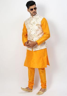 Yellow Solid Silk Kurta Set For Men