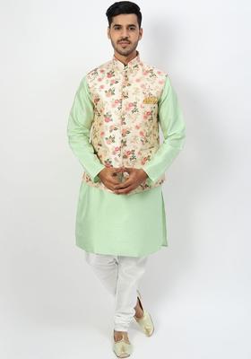 Lime Green Solid Silk Kurta Set For Men