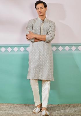 Grey Embroidered Viscose Kurta Set For Men