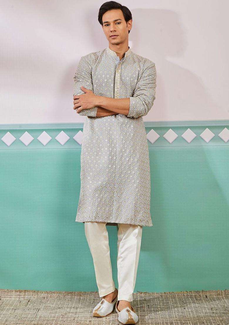 Grey Embroidered Viscose Kurta Set For Men - Indya