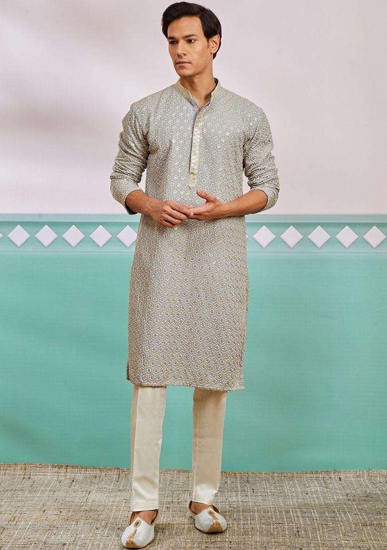 Grey Embroidered Viscose Kurta Set For Men - Indya