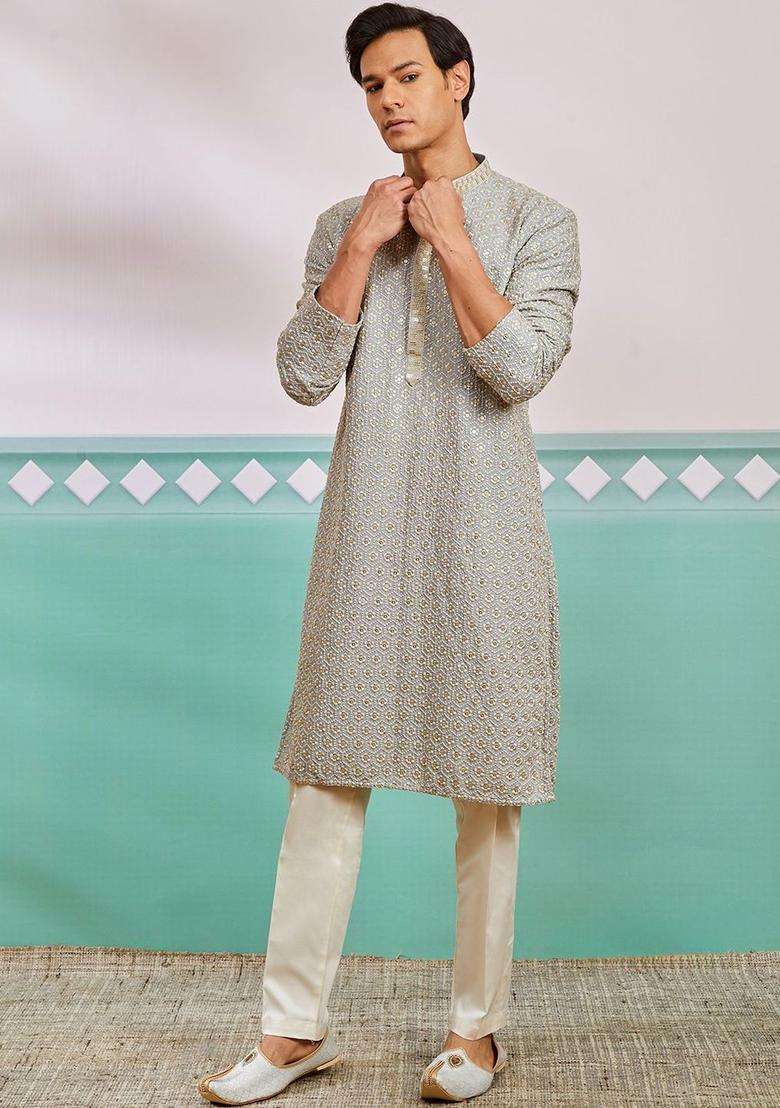 Grey Embroidered Viscose Kurta Set For Men - Indya