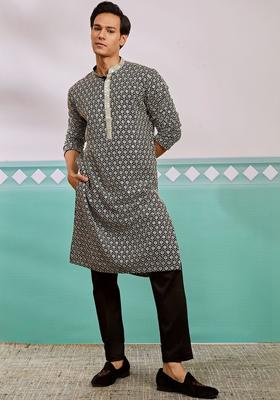 Black Embroidered Viscose Kurta Set For Men