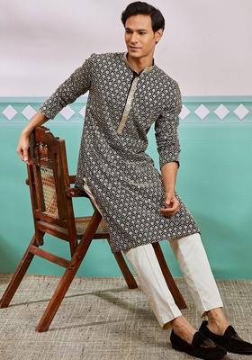 Black Printed Viscose Kurta Set For Men