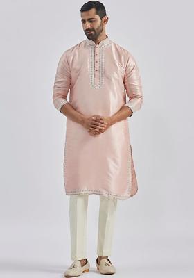 Peach Embroidered Silk Kurta Set For Men
