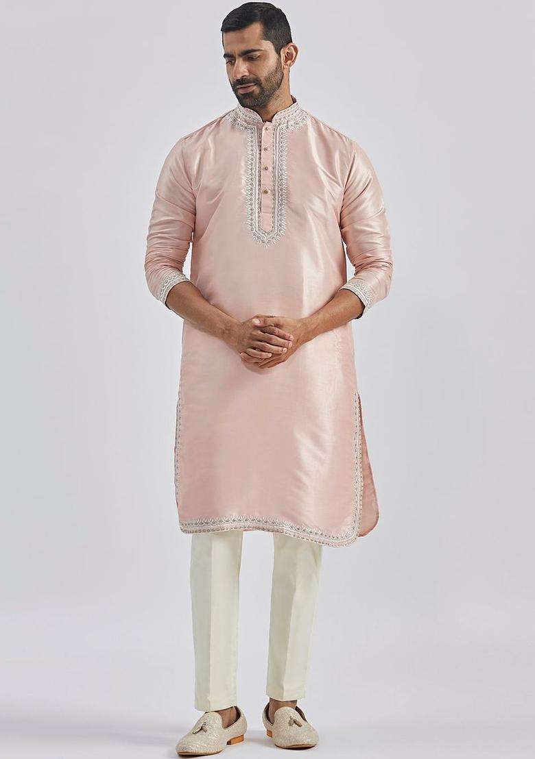 Peach Embroidered Silk Kurta Set For Men - Indya