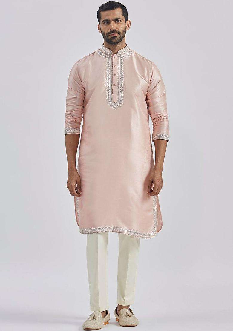 Peach Embroidered Silk Kurta Set For Men - Indya