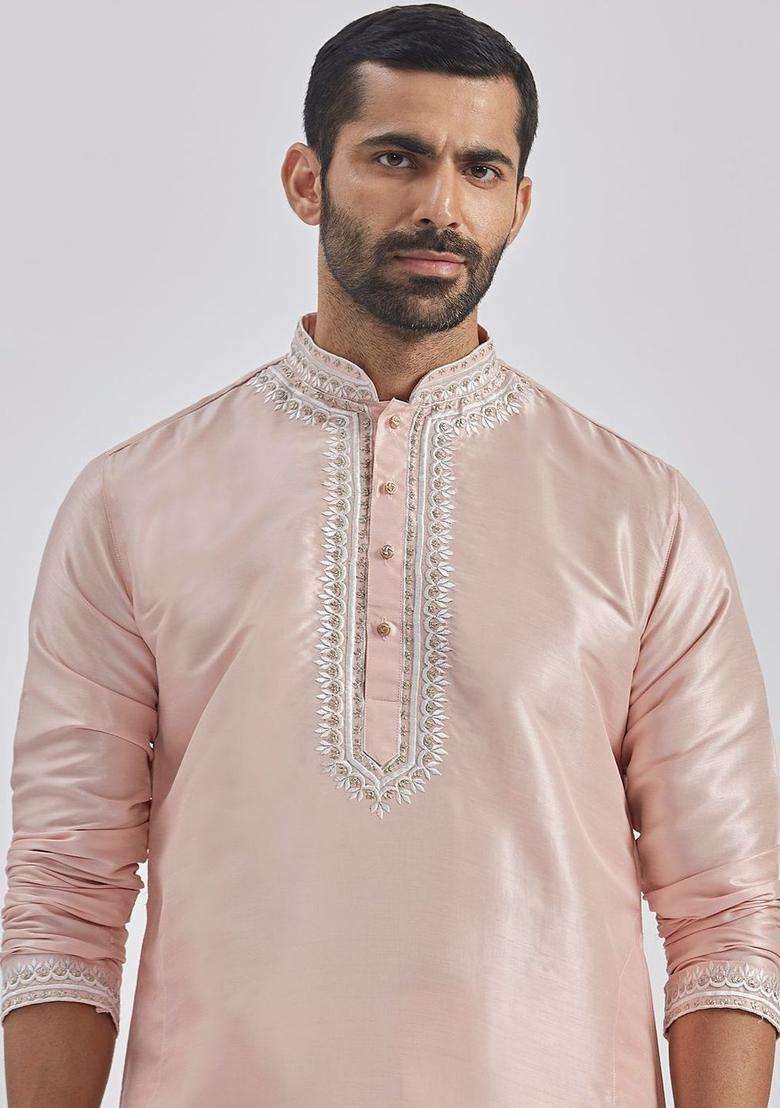 Peach Embroidered Silk Kurta Set For Men - Indya