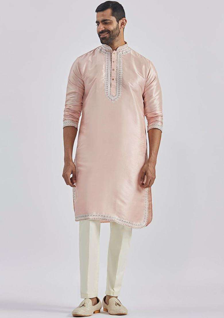 Peach Embroidered Silk Kurta Set For Men - Indya