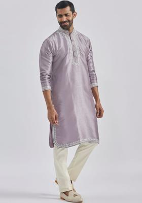 Purple Embroidered Silk Kurta Set For Men