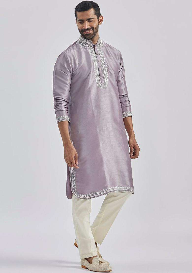 Purple Embroidered Silk Blend Kurta Set For Men - Indya