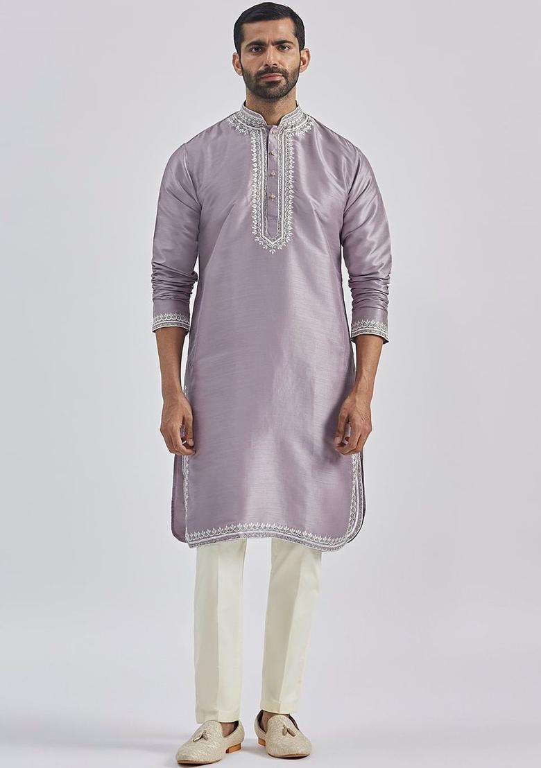 Purple Embroidered Silk Blend Kurta Set For Men - Indya