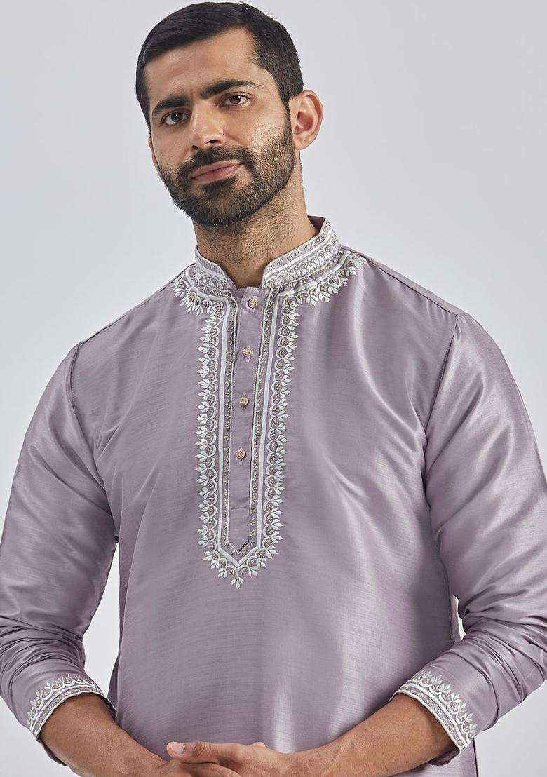 Purple Embroidered Silk Blend Kurta Set For Men - Indya