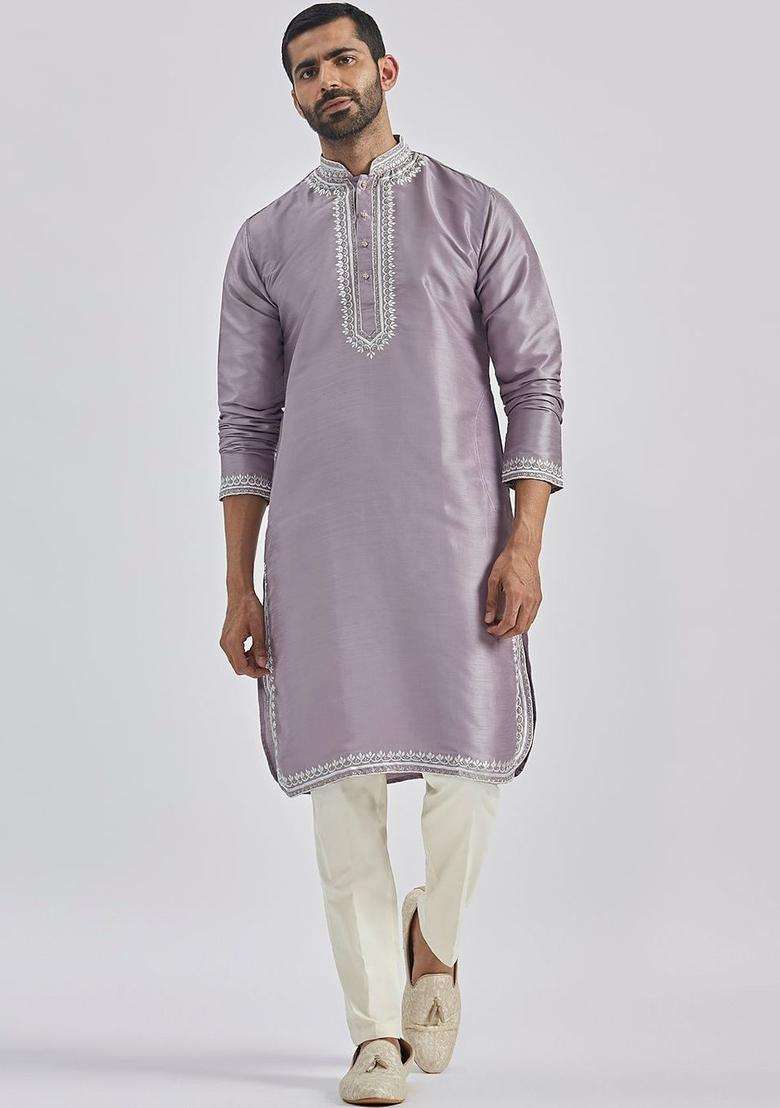 Purple Embroidered Silk Blend Kurta Set For Men - Indya