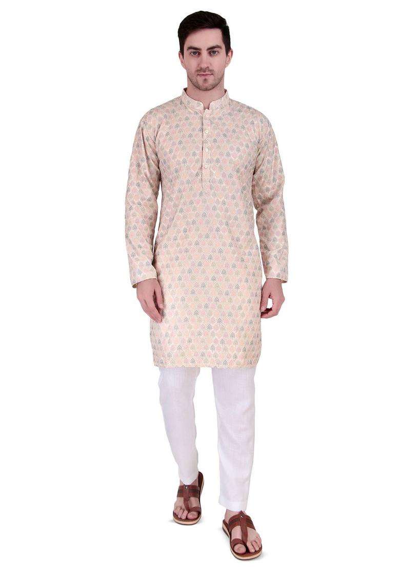 Peach Woven Design Cotton Kurta Set For Men - Indya