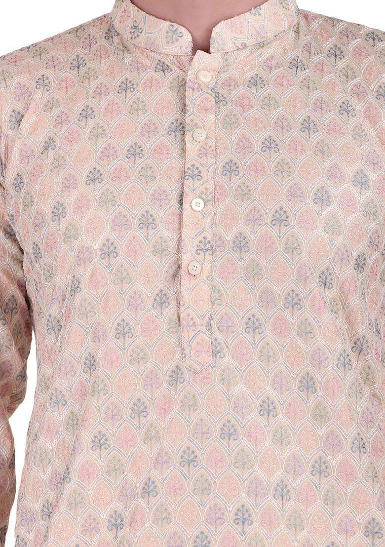 Peach Woven Design Cotton Kurta Set For Men - Indya