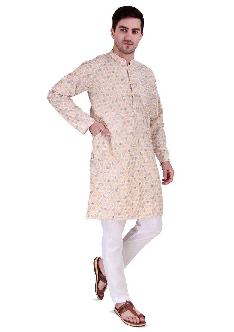Peach Woven Design Cotton Kurta Set For Men - Indya