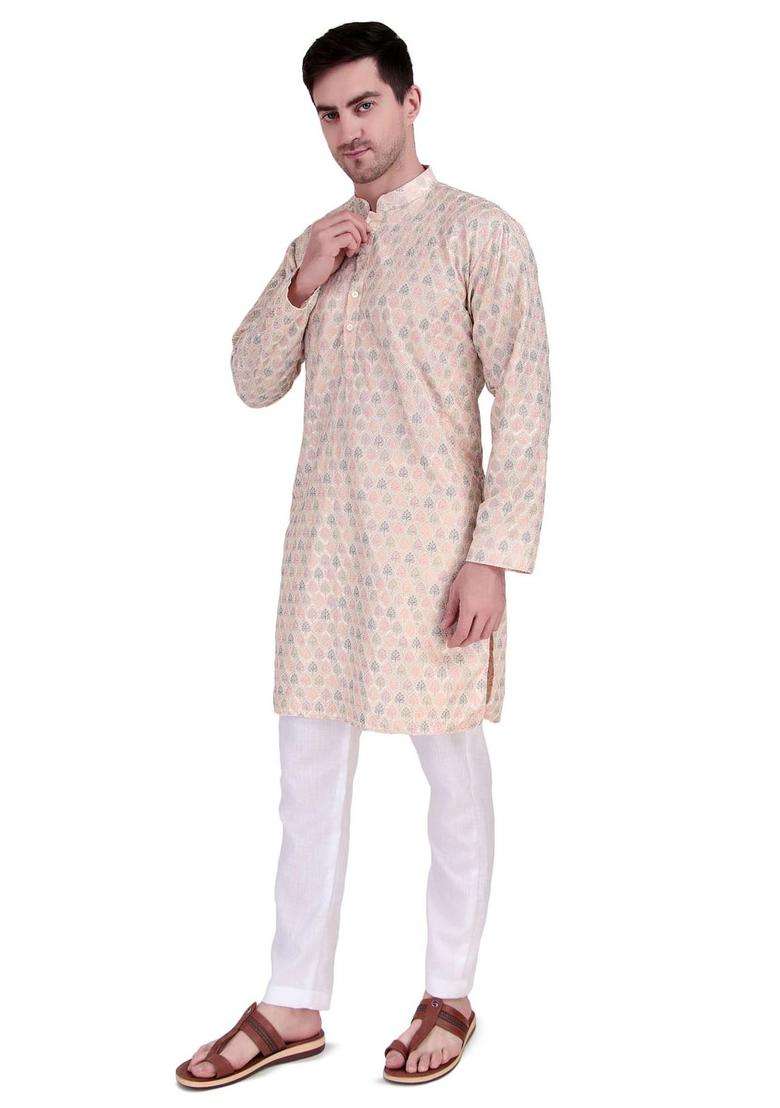 Peach Woven Design Cotton Kurta Set For Men - Indya
