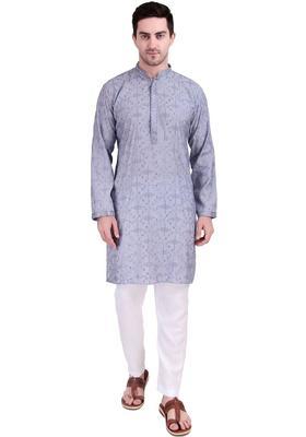 Blue Embroidered Cotton Kurta Set For Men