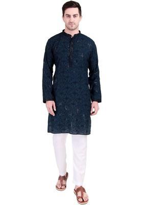 Navy Blue Embroidered Cotton Kurta Set For Men