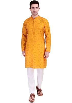 Yellow Self Design Cotton Kurta Set For Men