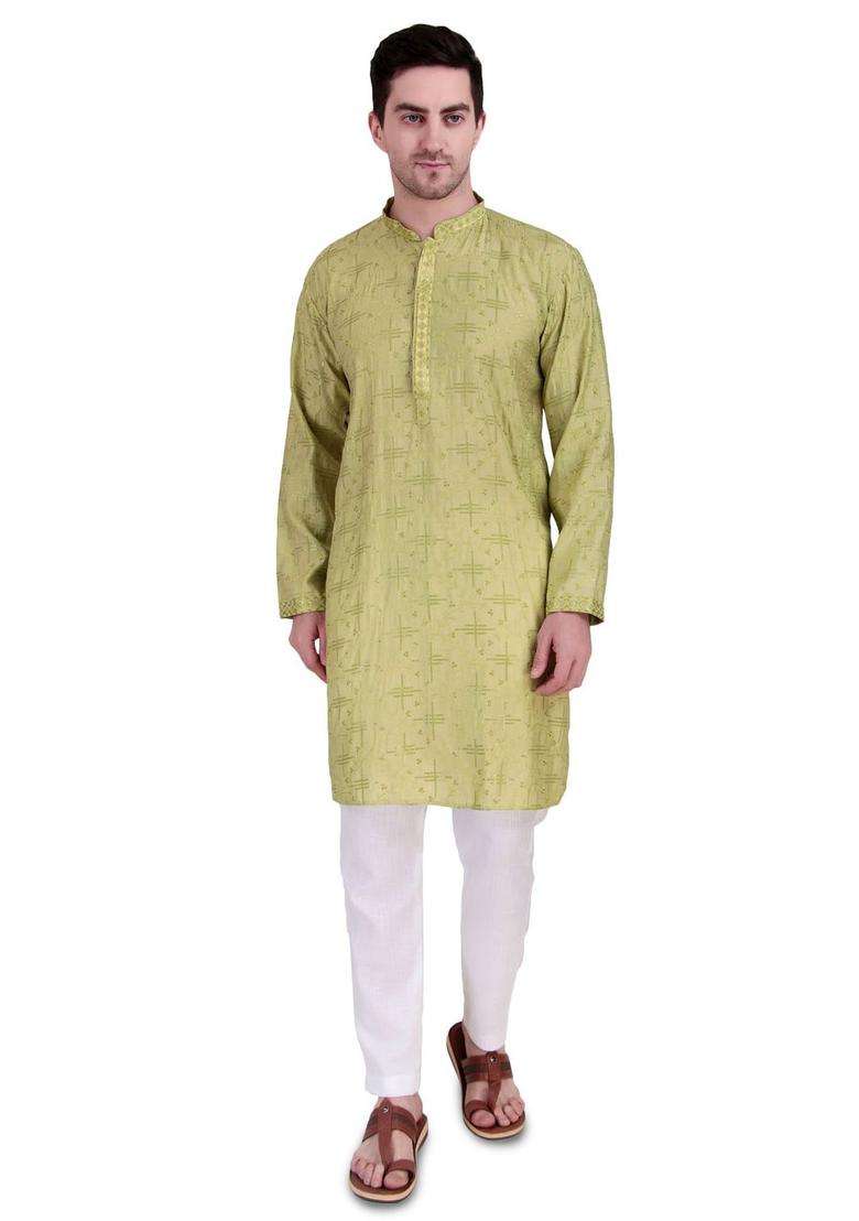 Lime Green Embroidered Cotton Kurta Set For Men - Indya