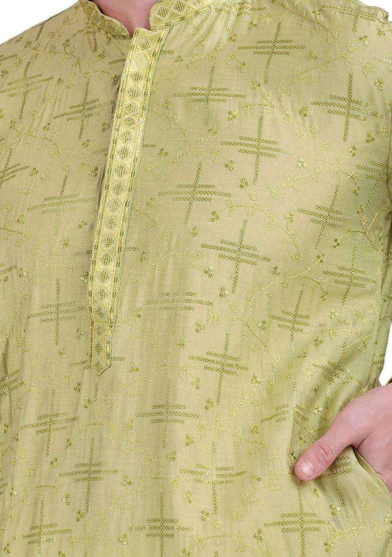 Lime Green Embroidered Cotton Kurta Set For Men - Indya