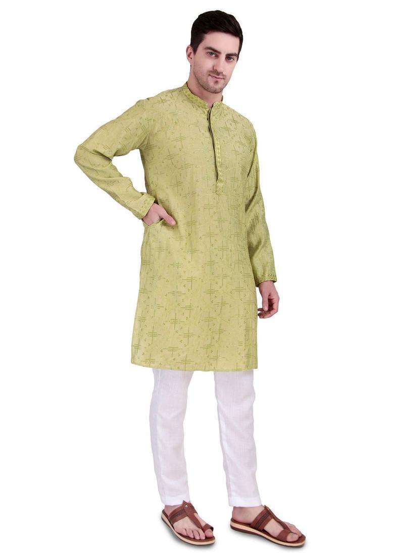 Lime Green Embroidered Cotton Kurta Set For Men - Indya